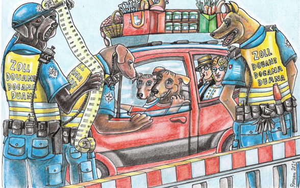 Eine Illustration, die den obenstehenden Text mit einem Augenzwinkern kommentiert. Ein Auto hält an einem Grenzübergang an. Anstatt der Menschen, sitzen zwei Hunde auf den Vordersitzen und zwei Menschen sind auf den Rücksitzen. Es sind auch Hunde, welche die Kontrolle durchführen. 